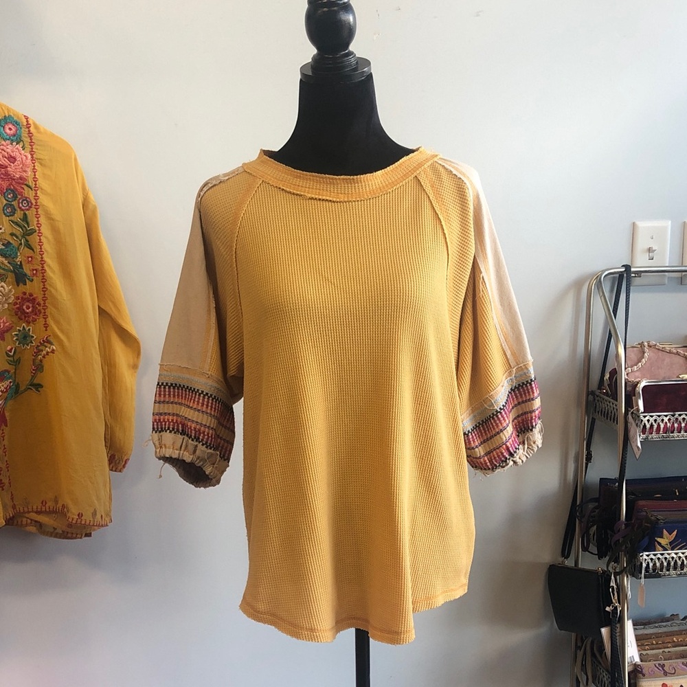 Easel Mustard Yellow Top with Embroidered Sleeves